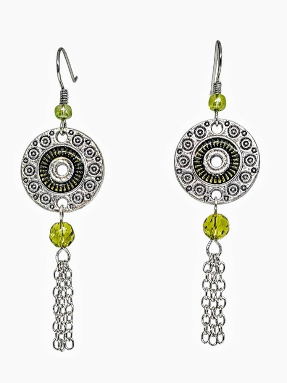 Handmade Green Crystal Silver Disc Tassel Earrings Boho Chain Dangle Jewelry